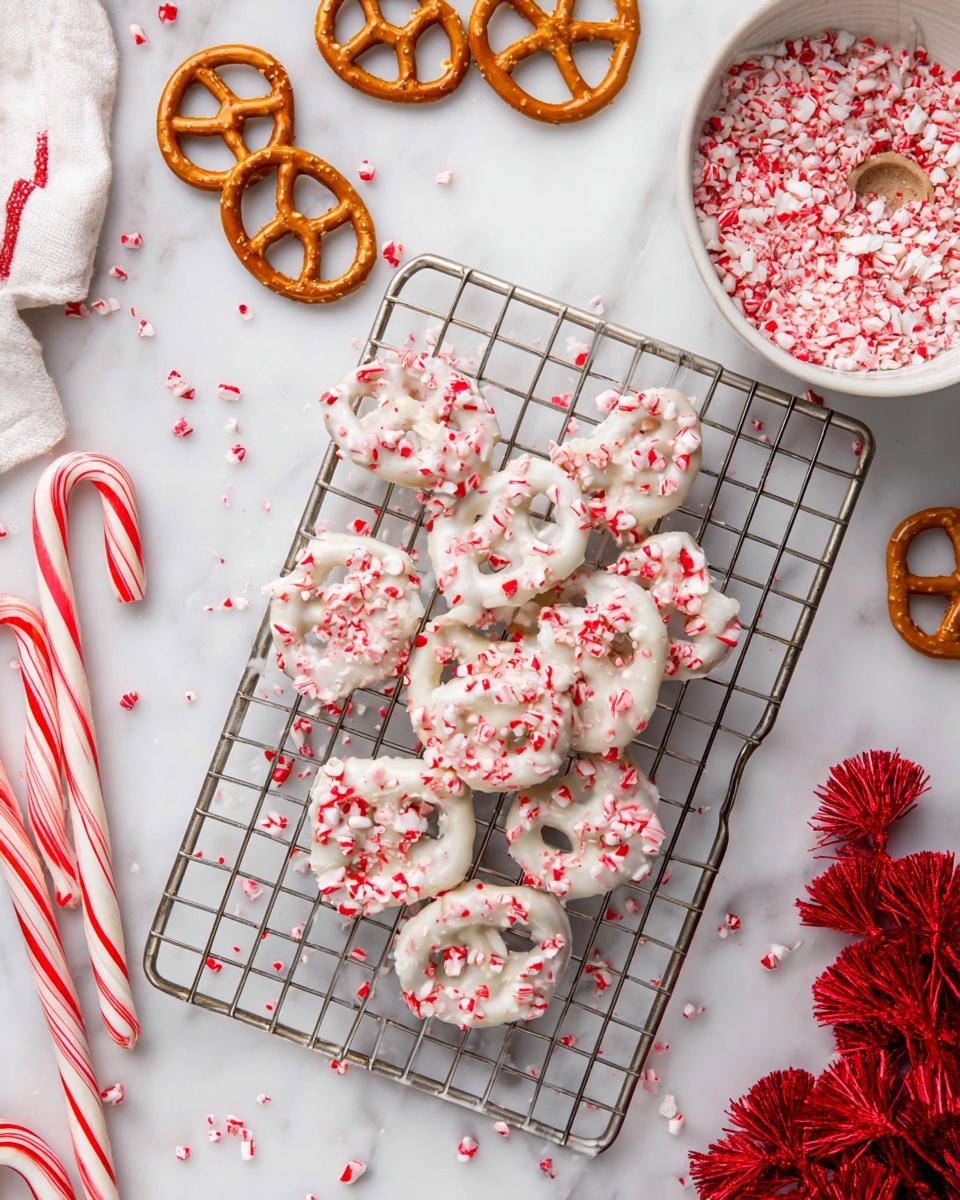A metal cooling rack holds two layers of pretzels coated in a smooth white candy layer, topped with small, red-and-white crushed peppermint pieces that add texture. Around the rack are plain golden brown pretzels scattered on a white marbled surface. On the top right, a white bowl filled with crushed peppermint sits, overflowing with some peppermint pieces around it. Red-and-white striped candy canes are arranged around the edges of the image, adding vertical and curved lines. Red tassels are in the bottom right corner, brightening the scene. Photo taken with an iphone --ar 4:5 --v 7