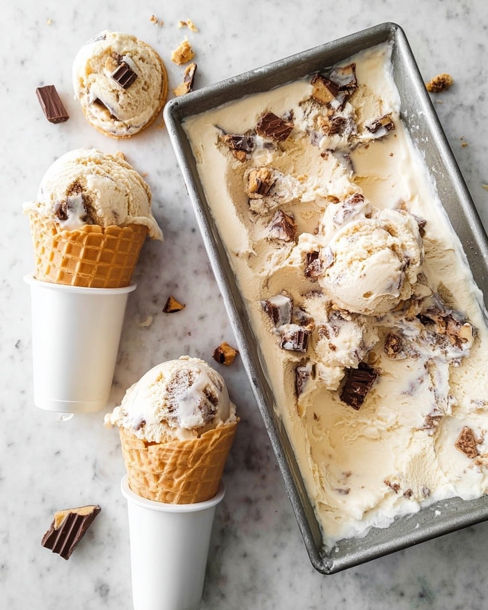 The image shows a metal tray filled with creamy vanilla ice cream mixed with large chunks of chocolate and peanut butter cups, two scoops already taken from the tray. Next to the tray, there are two white ice cream cones standing upright, each holding a round scoop of the same ice cream with visible pieces of chocolate and peanut butter. One empty white cone lies on its side nearby. The background is a white marbled surface. photo taken with an iphone --ar 4:5 --v 7