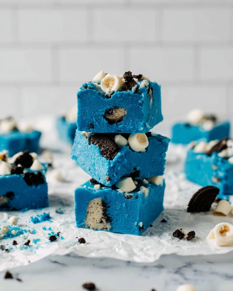 The image shows a stack of three bright blue fudge squares with chunks of crushed chocolate cookies and white bits embedded inside and on top of each square. The fudge has a smooth, slightly crumbly texture. Around the main stack, there are more blue fudge pieces scattered, along with broken cookie crumbs and white bits spread across a crumpled white wrapper on a white marbled surface. The background is softly blurred with white tiles visible. photo taken with an iphone --ar 4:5 --v 7