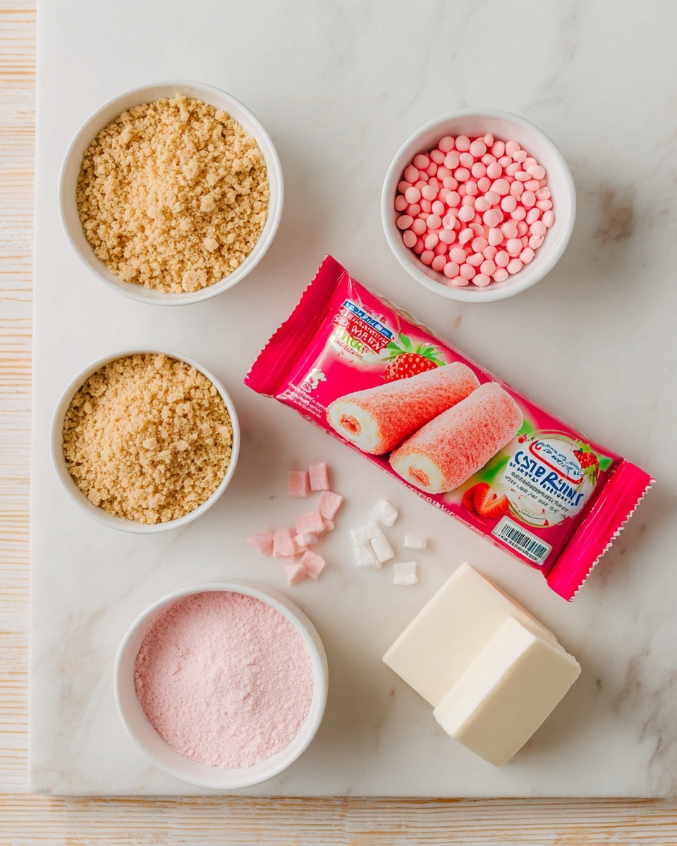 A flat lay image showing a package of Strawberry Shortcake Rolls placed at the center on a white marbled surface. Surrounding it are five white bowls: the top-left bowl filled with light brown crushed crumbs, the top-right bowl holding small pink round candy pieces, the bottom-left bowl containing fine pink powder, the bottom-middle bowl with a small piece of white solid, and the bottom-right bowl with a slightly larger white block. The scene is bright and clean with a focus on the colorful package and the ingredient bowls. photo taken with an iphone --ar 4:5 --v 7