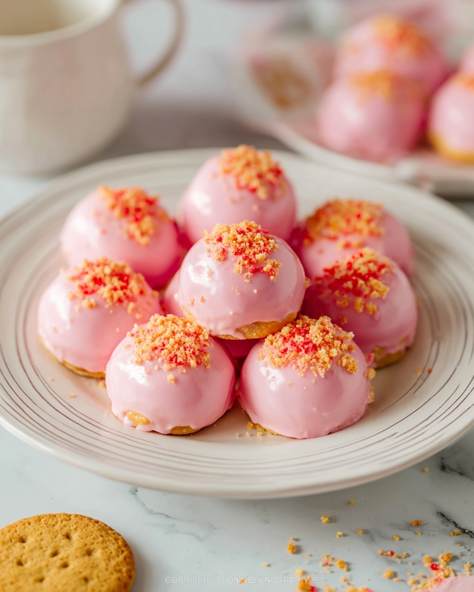 Nine round pink treats are placed closely together on a white plate with a simple ring pattern. Each treat is smooth with a glossy pink coating and topped with small, crumbly light orange and red bits. The plate rests on a white marbled surface with some crumbs and a golden cream-filled cookie partially visible at the bottom. In the background, there are more of the pink treats, slightly blurry to keep focus on the front. photo taken with an iphone --ar 4:5 --v 7