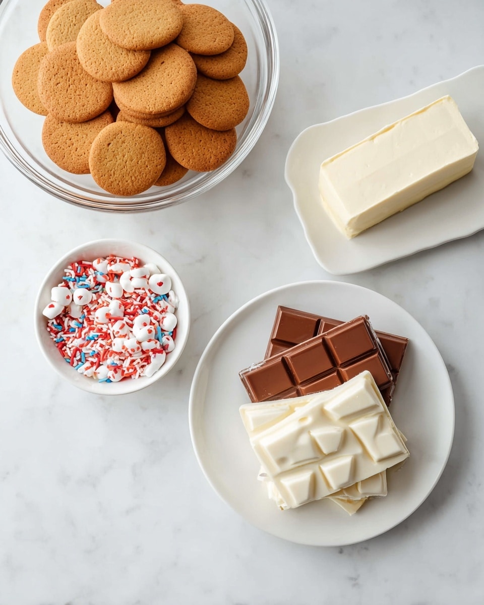 A clear glass bowl filled with many round, golden brown cookies is placed at the top left on a white marbled surface. To the right, on a white plate, there is a rectangular block of cream cheese with smooth texture. Below them, a white plate holds two chocolate bars, one brown and one white with square sections. On the left, a small white bowl contains colorful sprinkles with red, white, brown, and blue shapes. The whole setting is bright and clean with a white marbled background photo taken with an iphone --ar 4:5 --v 7
