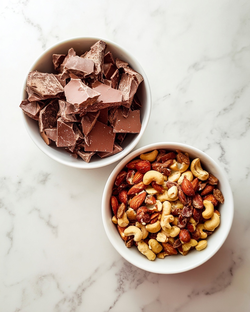 Two small white bowls sit on a white marbled surface. The top bowl is filled with large broken pieces of milk chocolate, showing rough edges and a smooth texture. The bottom bowl is filled with an uneven mix of nuts including almonds, cashews, and peanuts, showcasing a range of brown and tan shades with a crunchy texture. The photo is bright and clear, taken from above. photo taken with an iphone --ar 4:5 --v 7