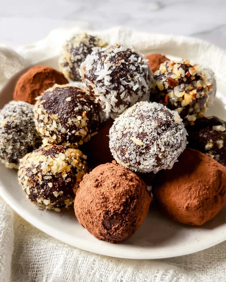 A group of round chocolate truffles arranged closely on a white plate, each truffle covered with different toppings. Most truffles are dark brown with rough texture and coated in finely chopped nuts, giving a light beige speckled look. Some truffles have coarse white flakes on their surface, while others are dusted in a fine cocoa powder that is smooth and dark brown. The plate sits on a white marbled surface, and a textured white cloth is partly visible in the corner. photo taken with an iphone --ar 4:5 --v 7