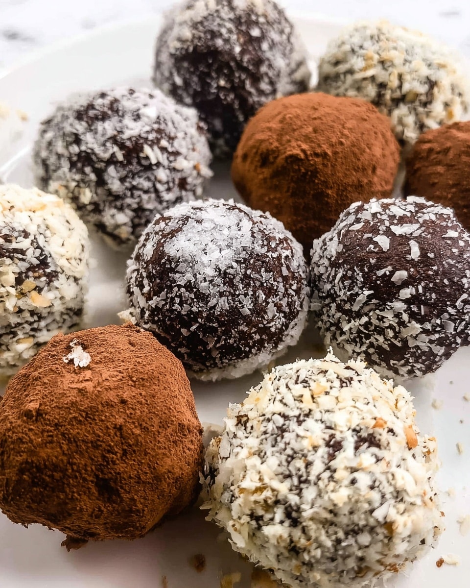 Several round chocolate truffles are arranged closely on a white plate, each with a rough textured coating. Some truffles are covered in dark cocoa powder dusted with small white salt crystals on top, giving a matte finish. Others are rolled in coarse white coconut flakes or pale crushed nuts, creating a mix of white and light tan speckles over a dark chocolate base. The surface underneath the plate is a white marbled texture. The arrangement shows a mix of dark brown, white, and light beige colors from the different coatings, with a close-up focus on the varied textures of the truffles. photo taken with an iphone --ar 4:5 --v 7