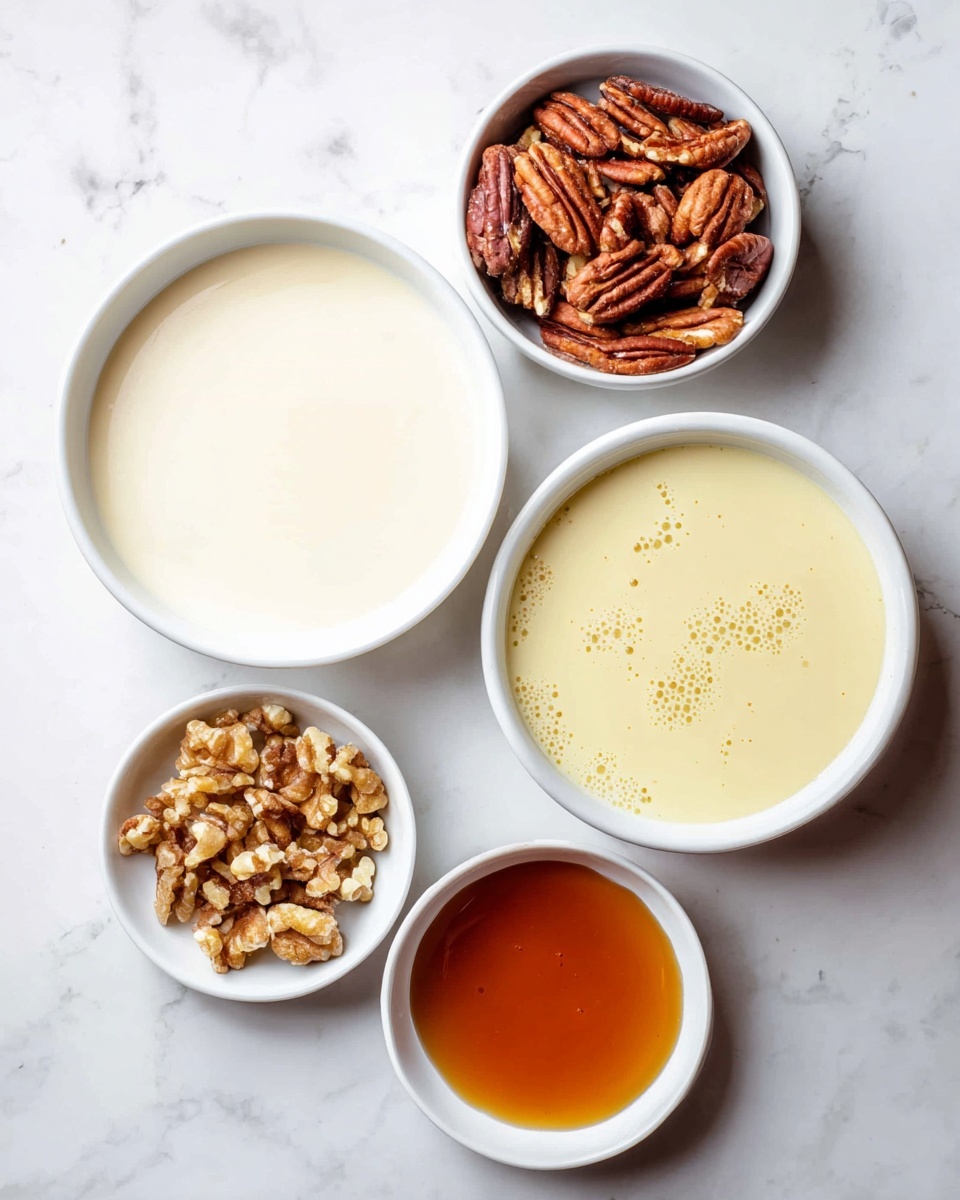 Five small white bowls sit on a white marbled surface. The largest bowl in the bottom left holds a smooth, creamy off-white liquid. To its right, a medium bowl contains a pale yellow, thick liquid with small bubbles on top. Above the largest bowl is a small bowl filled with whole pecan halves, showing their warm brown, wrinkled texture. Next to the pecans is another small bowl filled with rough-textured, light brown walnut pieces. Below these, a tiny bowl holds a rich amber-colored syrup with a glossy surface. The arrangement is neat and spaced out, showing clear contrast in colors and textures between the bowls and their contents. Photo taken with an iphone --ar 4:5 --v 7