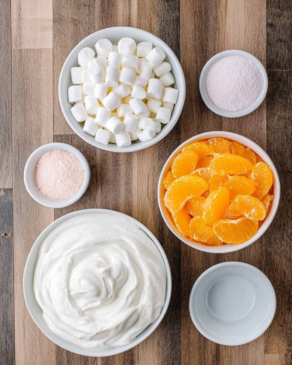 The image shows six white bowls placed on a wooden surface with a white marbled texture. In the top left, there is a bowl filled with white mini marshmallows, next to it on the right is a bowl full of bright orange mandarin slices, shiny and juicy. Below the marshmallows is a small bowl of light pink powder, and near the mandarin bowl is another small bowl with white powder. At the bottom left, a larger bowl is filled with smooth, white whipped cream like texture with soft swirls on the surface. At the bottom right is an empty white bowl. The focus is clear with all ingredients neatly arranged, photo taken with an iphone --ar 4:5 --v 7