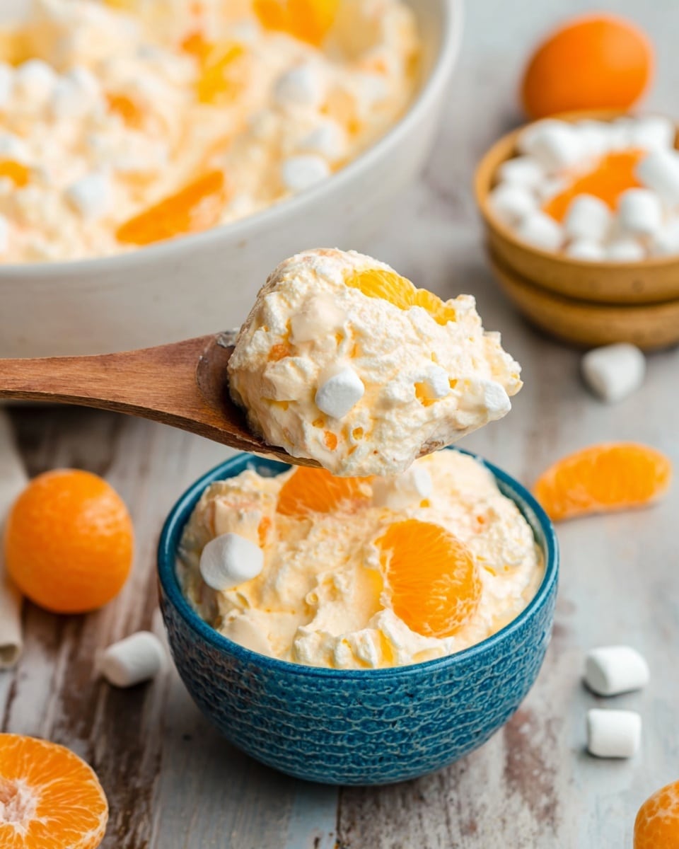 The image shows a scoop of creamy, light orange dessert with visible white mini marshmallows and bright orange mandarin slices mixed throughout, held by a wooden spoon above a small, textured blue bowl filled with the same dessert. The dessert looks fluffy and thick with soft, uneven texture. Surrounding the bowl are loose white mini marshmallows and some mandarin slices on a wooden surface. The background has a large white bowl filled with more of the dessert and small white ramekins containing extra mandarin slices and marshmallows, all set on a white marbled texture that is faintly visible. photo taken with an iphone --ar 4:5 --v 7