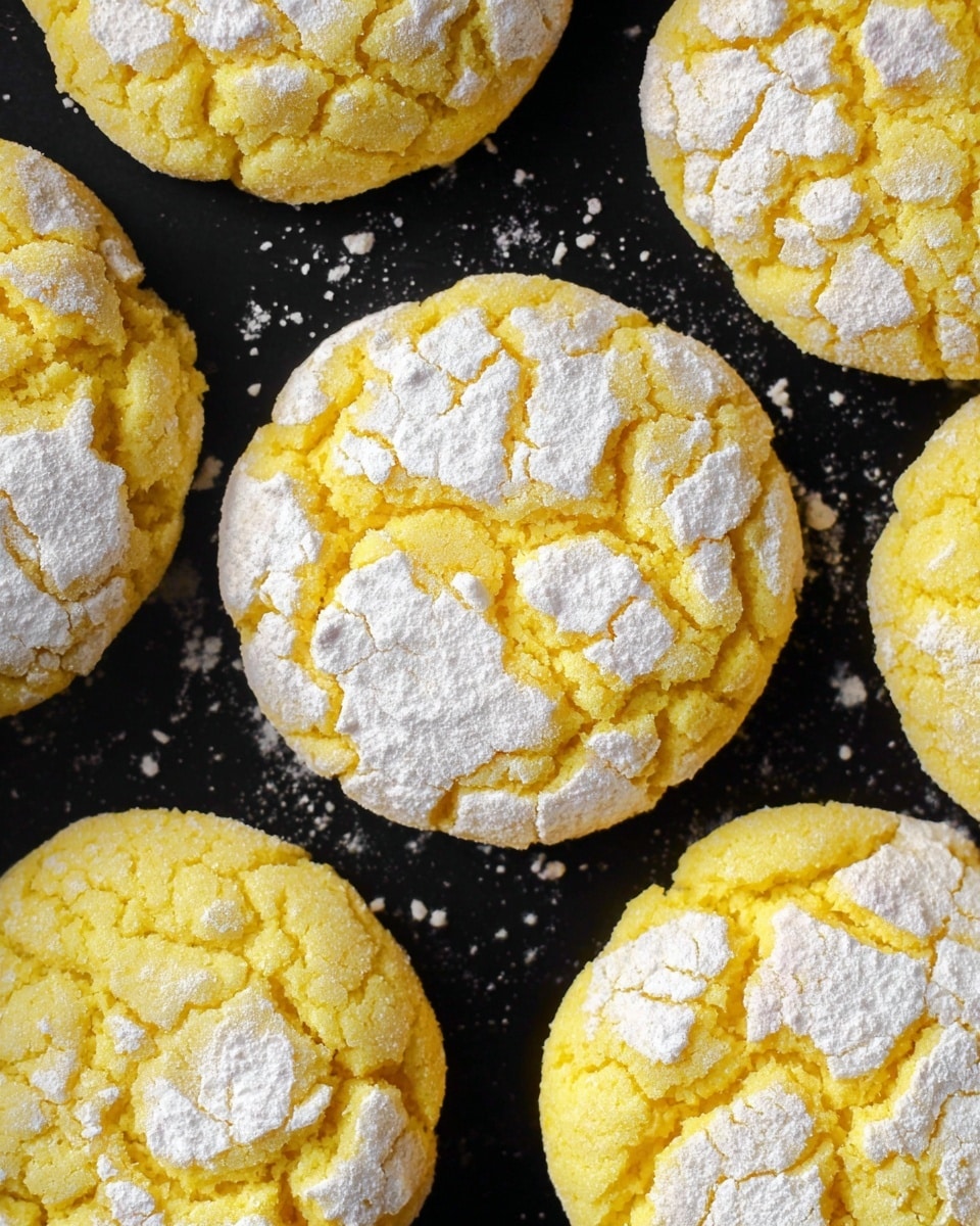 The image shows several round cookies placed closely together on a dark flat surface with a white marbled texture removed and replaced by dark smooth flat surface. Each cookie has a cracked surface with a bright yellow color underneath and white powdered sugar dusted unevenly on top. The cookies look soft with a slight crisp layer from the cracks. The texture shows small crumbs and powder around the edges of some cookies. photo taken with an iphone --ar 4:5 --v 7