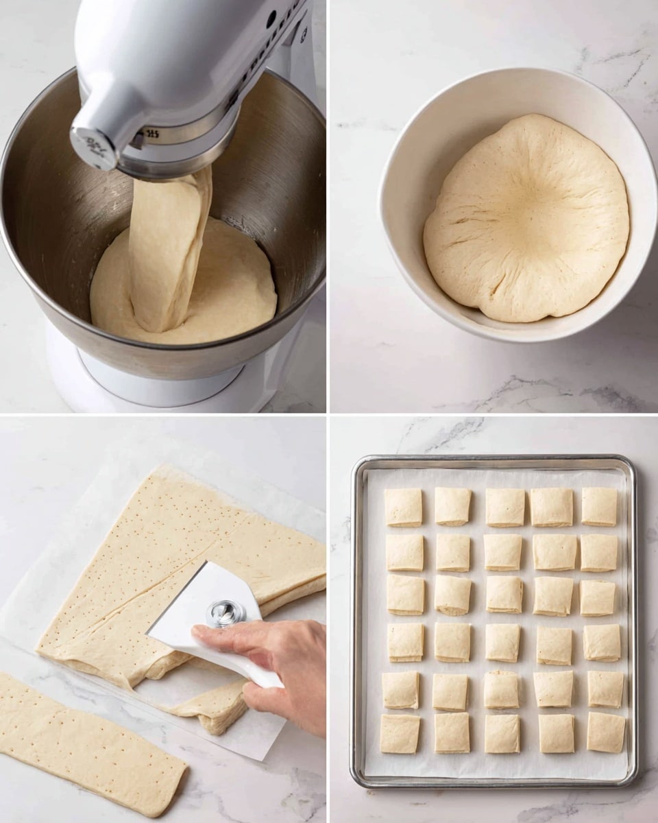 The image shows a four-step process of dough preparation. The first layer has smooth, light beige dough with a soft texture flowing from a mixer’s white attachment into a shiny silver mixing bowl on a white marbled surface. The second layer shows the dough has risen and become puffy, filling a white bowl evenly with a smooth and soft top. The third layer captures a woman's hand holding a white-handled pizza cutter cutting the dough into strips on a flat light beige dough sheet speckled with tiny dark spots on a white marbled surface. The fourth layer displays many small, square dough pieces placed individually on white parchment paper on a silver baking tray with a white marbled surface background. photo taken with an iphone --ar 4:5 --v 7