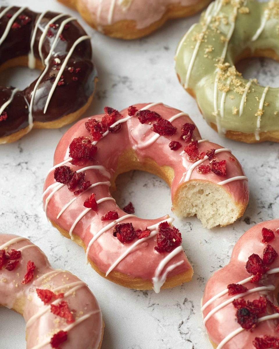 The image shows a close-up view of four donut rings shaped like a circle made of eight round balls connected together, each with different frosting. The donut in front has a shiny pink glaze layer and is topped with small red dried strawberry pieces and thin white drizzle lines, with a bite taken out showing the fluffy white inside. Behind it is a donut with a glossy green glaze topped with light crumbs and white drizzle lines. To the left and right are partially shown donuts; one with dark chocolate glaze and white drizzle, and another with the same pink glaze, strawberry pieces, and white drizzle as the front donut. The donuts sit on a white marbled textured surface. photo taken with an iphone --ar 4:5 --v 7