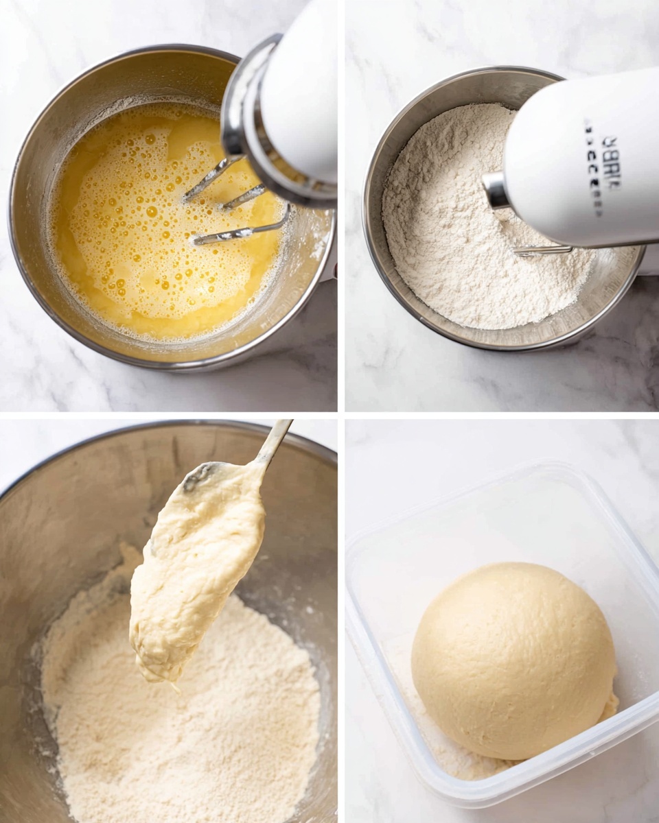 A collage of four images showing different stages of dough making in a silver mixing bowl on a white marbled surface. Top left shows a bubbly yellow liquid mixture with a white mixer hook in the bowl. Top right features dry white flour inside the bowl. Bottom left shows thick creamy dough being held by a spoon above the bowl with the dough hook inside. Bottom right shows a smooth, round ball of dough resting inside a clear plastic container on the white marbled texture. photo taken with an iphone --ar 4:5 --v 7