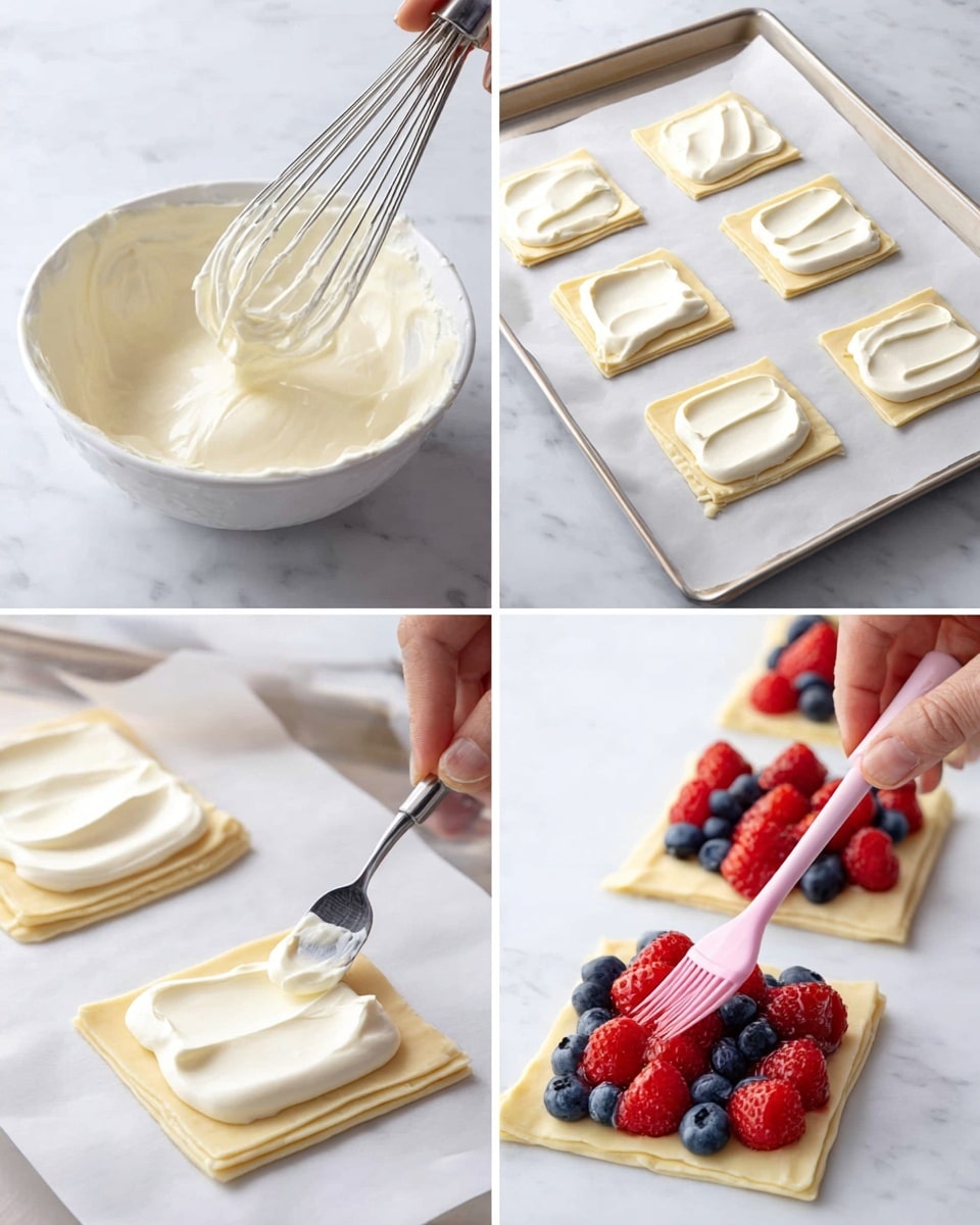 Cream Cheese Puff Pastry Danish Tarts with Fresh Berries Recipe 5 The collage shows four steps of making fruit pastries on a white marbled surface. In the top left, a white bowl holds thick white cream while a whisk lifts some cream high. The top right shows six square pastry dough pieces spaced evenly on white parchment paper on a baking tray. The bottom left shows a woman's hand spooning white cream into one dough square, spreading it to a rectangle shape inside the edges. The bottom right shows a close-up of another dough square with white cream and fresh whole blueberries on top, while another woman's hand uses a pink brush to spread cream under halved raspberries. Photo taken with an iphone --ar 4:5 --v 7