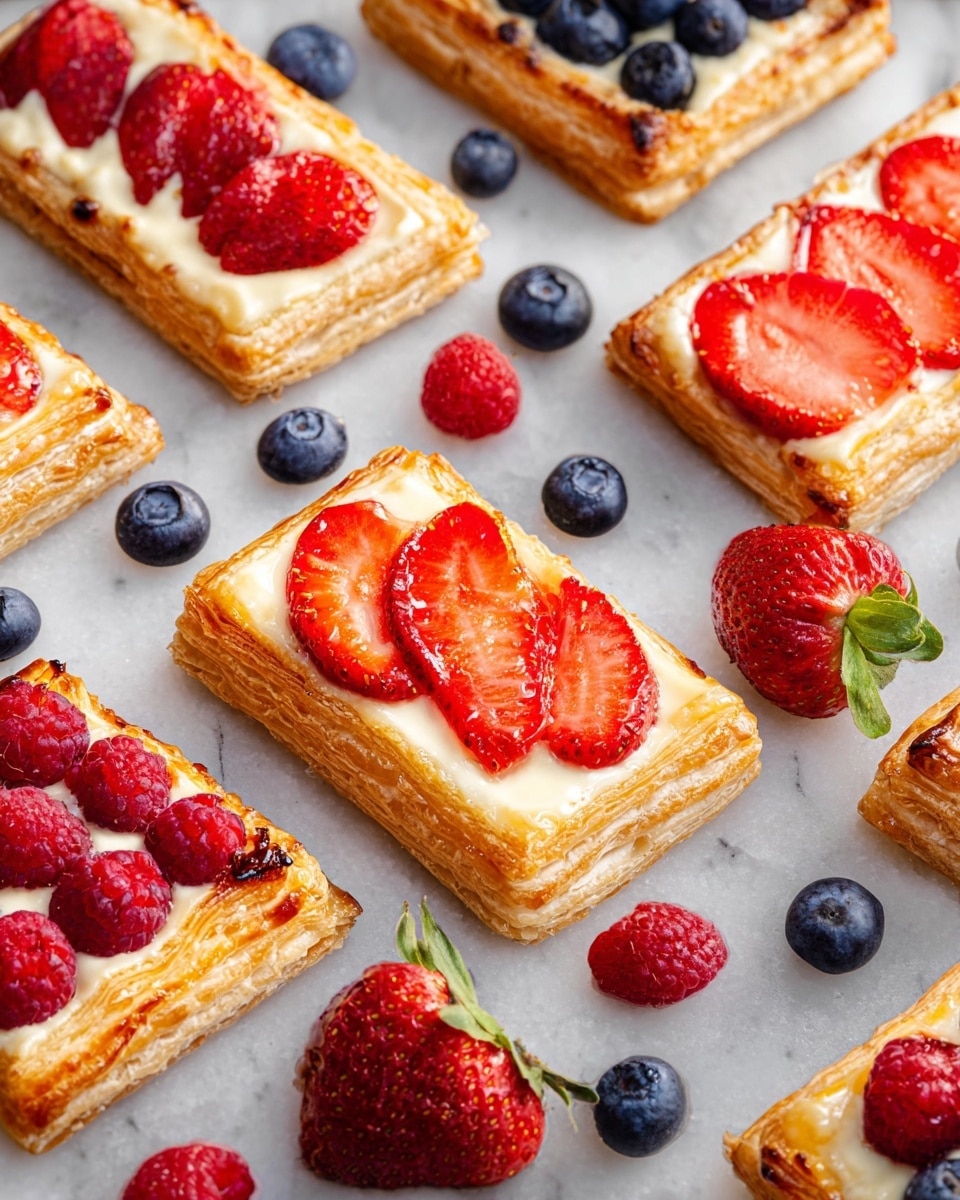 Cream Cheese Puff Pastry Danish Tarts with Fresh Berries Recipe 6 The image shows a group of small rectangular pastries arranged on a white marbled surface. Each pastry has three layers: the bottom golden brown puff pastry with flaky, crisp edges; a middle creamy white cheese layer that is smooth and slightly glossy; and a top layer of vibrant fresh berries. Some pastries have red sliced strawberries, others have dark blueberries, and others have deep red raspberries gently pressed into the cheese layer. Scattered blueberries and raspberries fill the spaces between the pastries, adding more bright color accents. The lighting highlights the shiny, baked crust and the fresh juicy fruit. Photo taken with an iphone --ar 4:5 --v 7