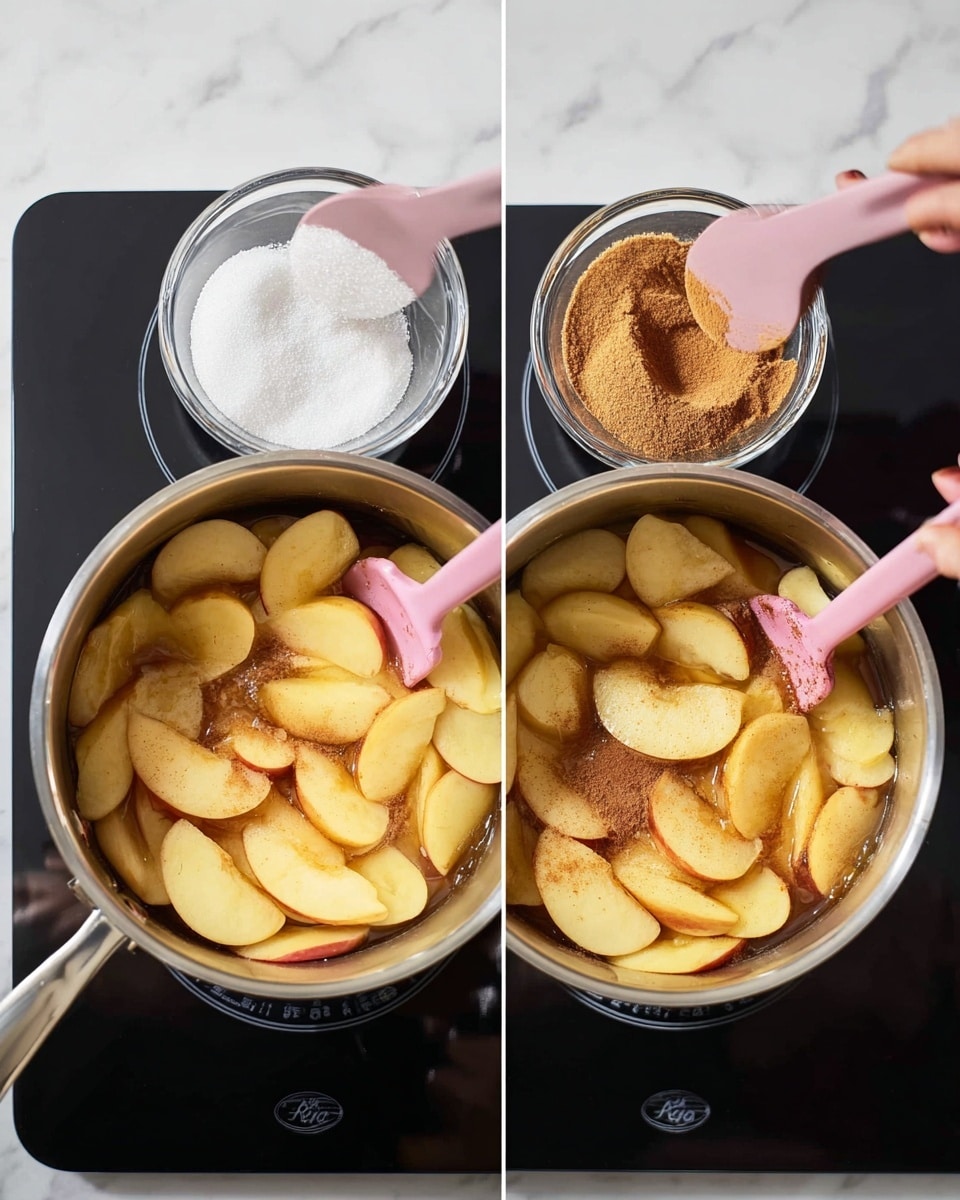 A silver pot sits on a black induction stove with a white marbled surface beneath. Inside the pot are several layers of pale yellow apple slices. In the first image, a glass cup pours white granulated sugar evenly on top of the apple slices. The second image shows a woman's hand holding a small clear bowl adding brown cinnamon powder over the sugar and apples. The third image reveals the apple slices mixed with the sugar and cinnamon, turning a warm brownish shade as a pink spatula stirs them. In the last image, the apple slices have softened and darkened to a glossy, rich golden brown color, still being stirred gently by the pink spatula. photo taken with an iphone --ar 4:5 --v 7