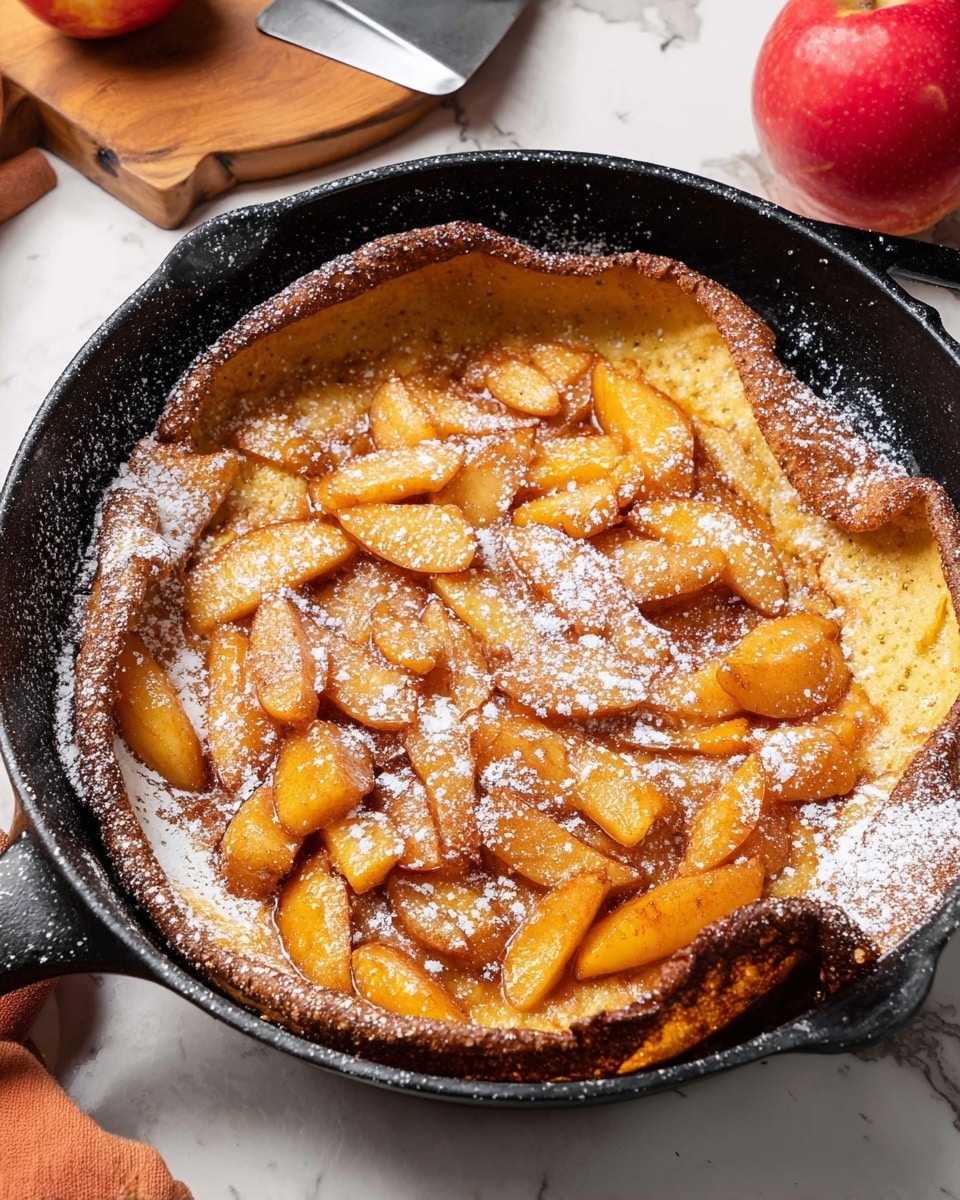 A black cast iron skillet holds a warm Dutch baby pancake with two main layers: the base layer is a puffy, golden-brown baked pancake with crispy edges and a soft, slightly uneven texture, and the top layer features a spread of cooked apple slices in a warm amber hue, coated lightly with cinnamon and sugar, creating a glossy, spiced look; a light dusting of powdered sugar adds a fine white sprinkle over the pancake and apples. The skillet rests on a white marbled surface with a red apple and a spatula on a wooden board nearby. photo taken with an iphone --ar 4:5 --v 7