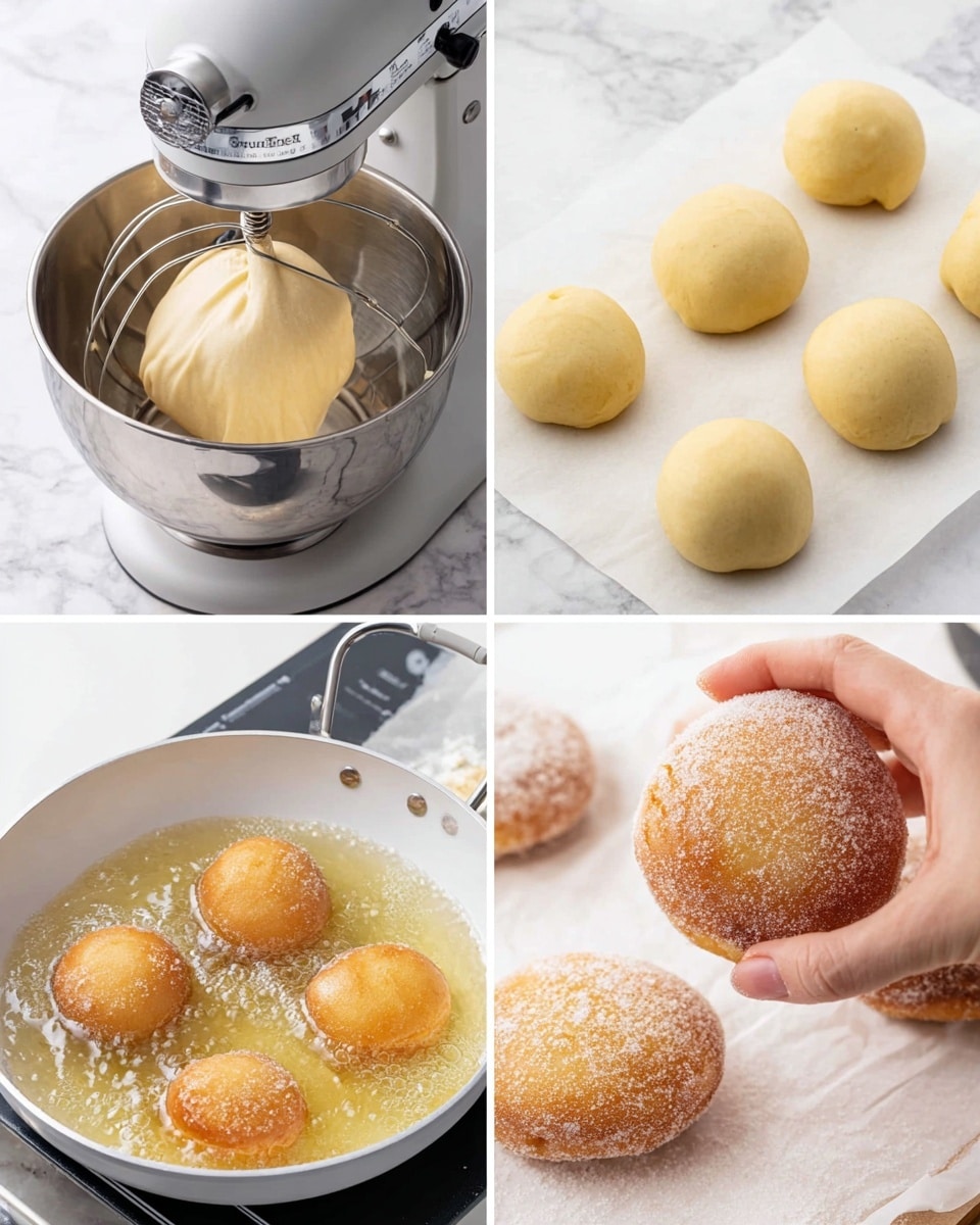 The image shows four steps of making doughnuts on a white marbled surface. The top left part has a silver mixing bowl on a white stand mixer with smooth, light beige dough wrapped around the dough hook. On the top right, six round dough balls are placed evenly on white parchment paper with a soft, slightly shiny, pale yellow surface. In the bottom left, the dough balls are frying in bubbling golden oil inside a white pan, the dough puffed up and turning light golden. The bottom right shows three golden-brown doughnuts covered in sugar, one being held by a woman's hand, highlighting their round shape and sugary texture. photo taken with an iphone --ar 4:5 --v 7