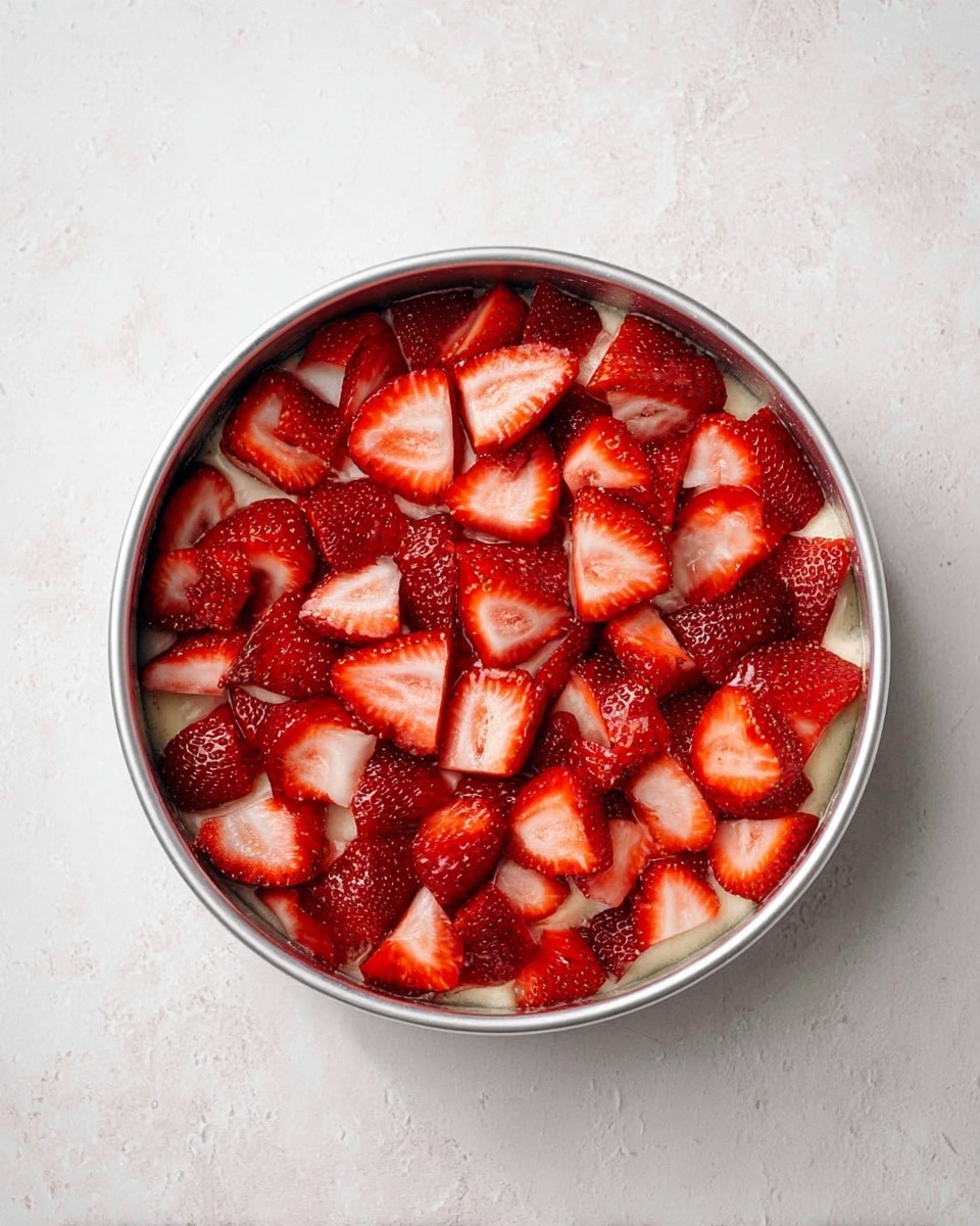 The image shows a round metal baking pan filled with a single layer of half-cut strawberries arranged closely on top, with the cut sides facing upward revealing their red and white inside texture. The background is a white marbled surface with a soft light that highlights the shiny and fresh look of the strawberries. Photo taken with an iphone --ar 4:5 --v 7