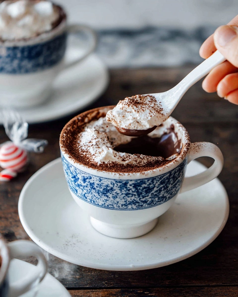 The image shows a white cup with a blue pattern filled with three visible layers: a dark brown, thick chocolate base at the bottom, topped with a thick, fluffy white cream layer dusted lightly with cocoa powder on top, inside a white saucer on a dark wooden surface with a white marbled texture; a woman's hand is holding a white ceramic spoon scooping chocolate from the cup, with a peppermint candy wrapped in clear plastic nearby in the background; another similar cup and saucer set is partially visible in the top left corner. photo taken with an iphone --ar 4:5 --v 7