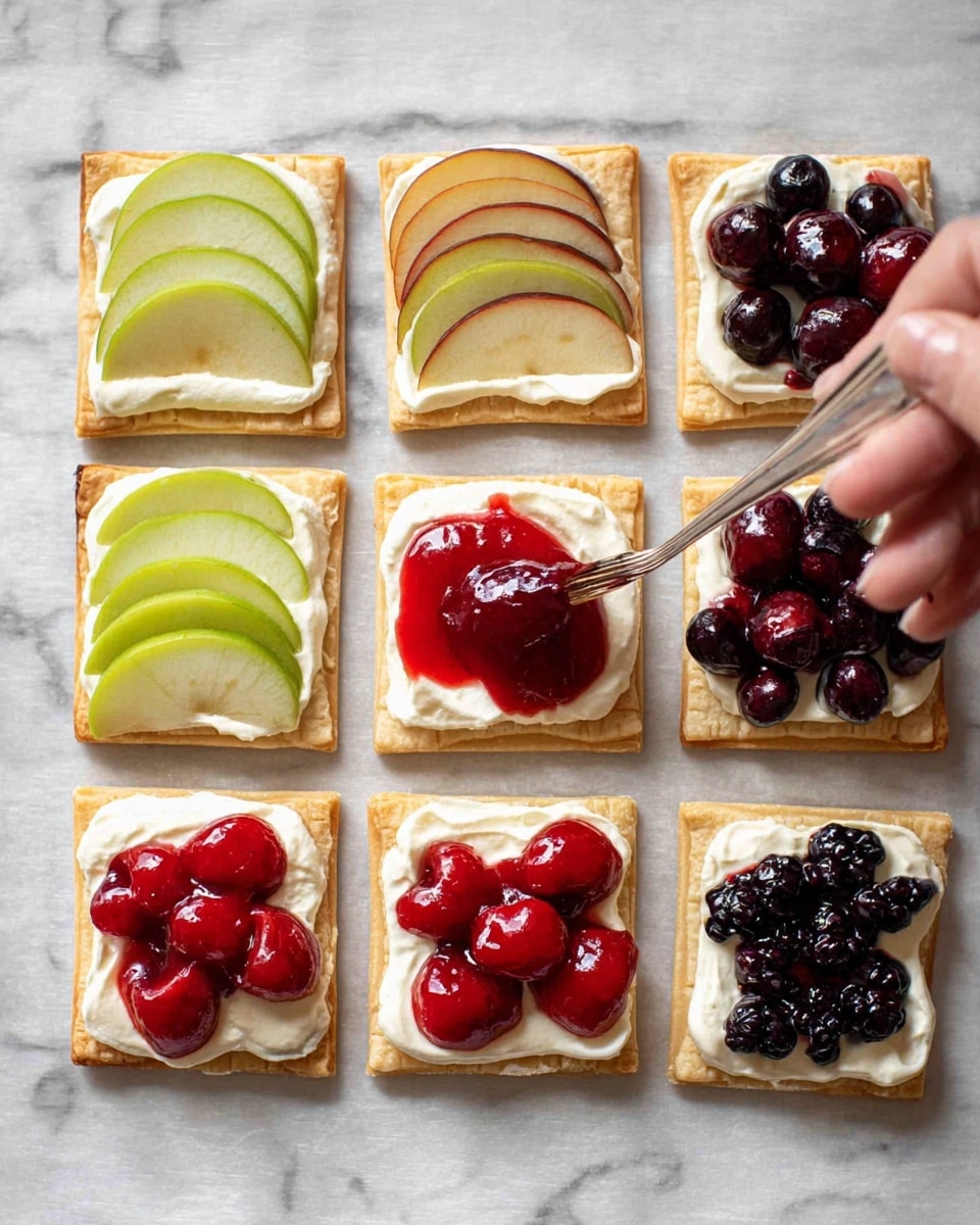 The image shows nine small square pastry bases arranged in a 3x3 grid on a sheet. Each square has a base layer of light beige dough. On top of the dough, each square has a dollop of creamy white filling in the center, smooth in texture. The first column's squares have thin slices of green and brown fruit layered on top, overlapping and fanning out neatly from the bottom left to right. The middle column's squares have bright red cherry topping spread unevenly over the creamy layer, with a woman's hand placing more cherry topping with a small spoon on the middle square. The right column's squares have a deep purple-blue berry topping arranged on the cream layer, with a juicy, slightly shiny appearance. The background is a white marbled texture. photo taken with an iphone --ar 4:5 --v 7