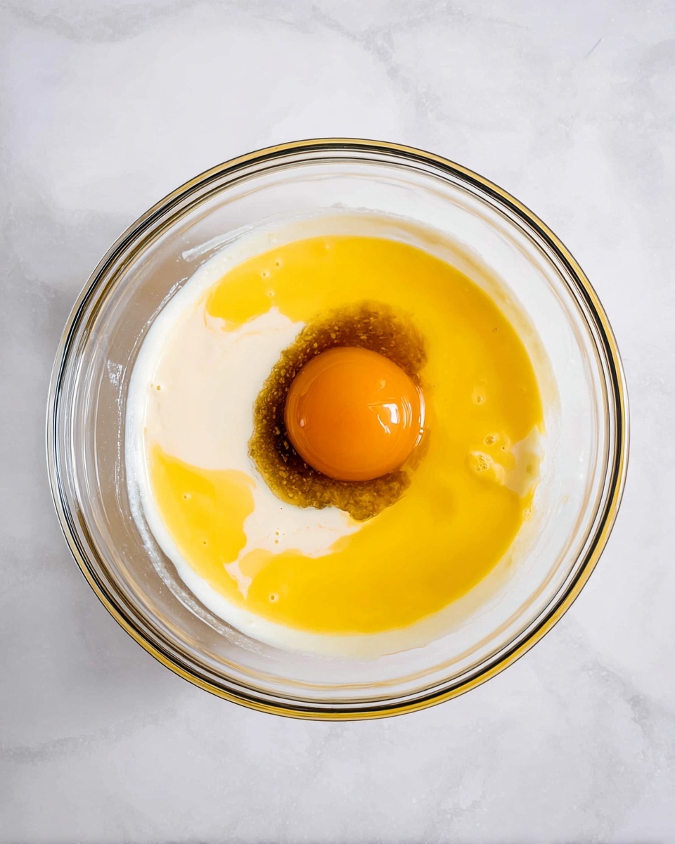 A clear glass bowl sits on a white marbled surface, holding several ingredients layered together. At the bottom is a light creamy white liquid, partially covered by a thick, bright yellow mixture surrounding the bowl’s center. In the middle, there is a whole, glossy egg yolk with a rich orange color resting on top of a darker, brown area. The overall look is smooth with slight bubbles on the yellow layer, creating a contrast in texture and color. Photo taken with an iphone --ar 4:5 --v 7