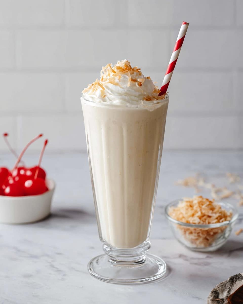 A tall clear glass is filled with a creamy, light beige milkshake. On top, there is a fluffy swirl of white whipped cream, sprinkled with light golden toasted coconut shreds. A red and white striped straw is placed in the glass, leaning slightly to one side. The glass sits on a white marbled surface. In the background, there is a small white bowl with a bright red cherry and another small clear bowl with more toasted coconut shreds. The scene is softly lit with a clean, simple backdrop. photo taken with an iphone --ar 4:5 --v 7