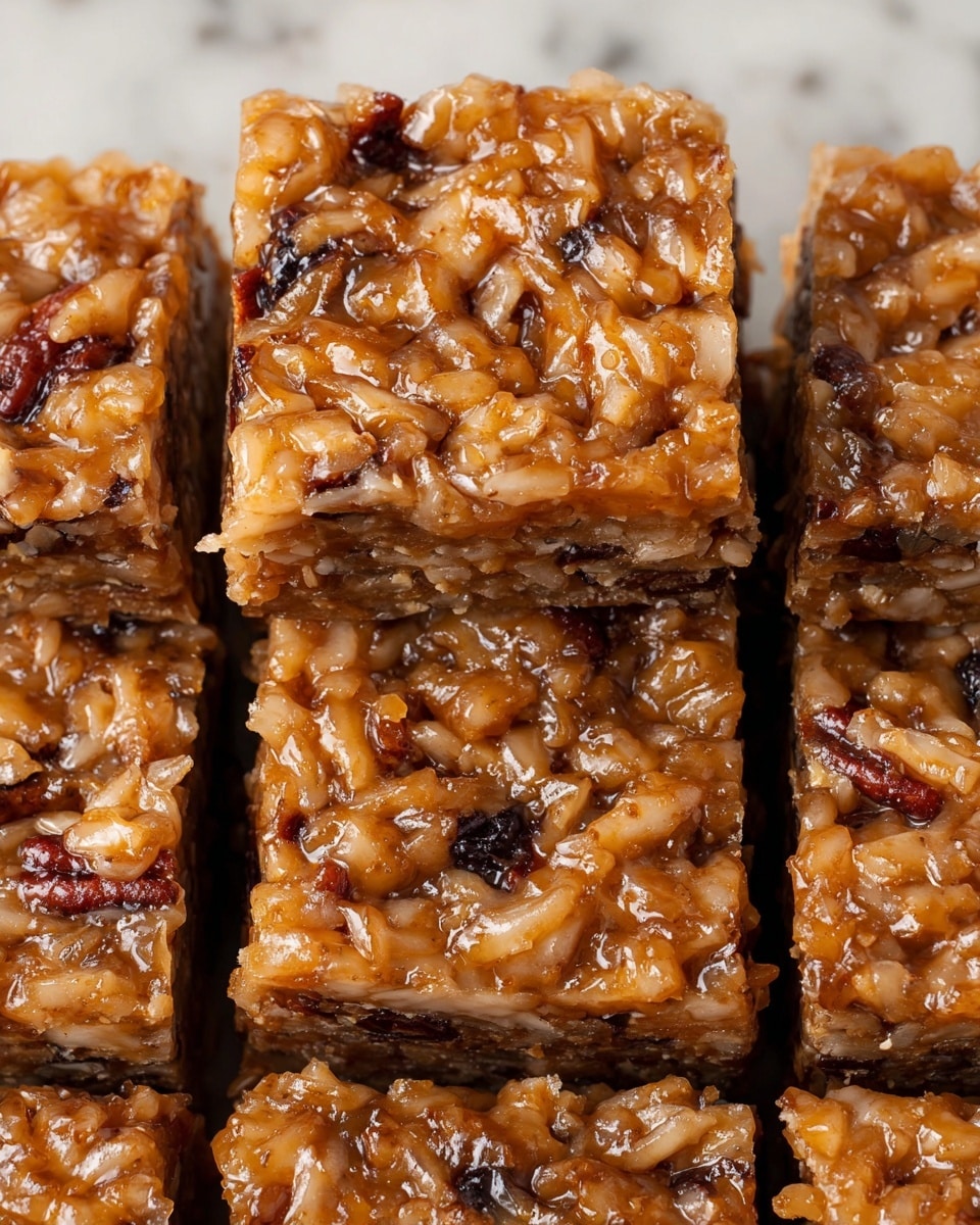 The image shows a close-up view of several square bars arranged tightly together, with three bars fully visible across and more partially visible on the sides. Each bar has a thick layer that is shiny and sticky, light brown in color with visible bits of shredded coconut and small dark brown nuts or pieces mixed inside, giving it a textured and chewy look. The bars have slightly uneven tops with a glossy finish, making the coconut strands and nuts stand out. The background is a white marbled texture. photo taken with an iphone --ar 4:5 --v 7