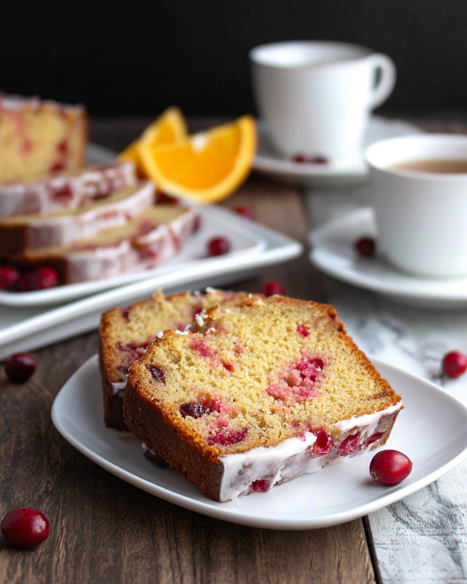 A single slice of cranberry loaf cake with visible red berry pieces inside and a thin layer of white frosting on the bottom edge sits on a white plate with a teardrop shape, placed on a wooden surface. In the background, there is a white rectangular plate holding three more slices of the same cranberry loaf, along with a slice of orange on the side. Scattered cranberries and a white cup with tea on a white saucer also appear in the scene, all set against a dark background and a white marbled texture surface. Photo taken with an iphone --ar 4:5 --v 7