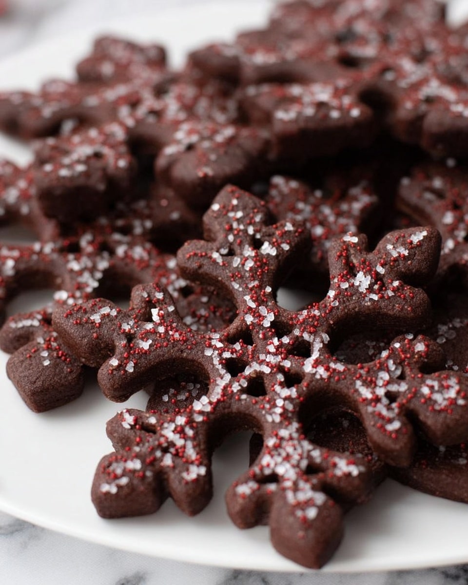 The image shows several dark brown snowflake-shaped cookies arranged closely on a white plate. Each cookie has an intricate design with cut-out shapes creating a lace-like pattern. The surface of the cookies is sprinkled with small white and red sugar crystals, giving a frosty, festive look. The cookies have a matte texture with slight roughness on the edges, and the background is a white marbled surface. photo taken with an iphone --ar 4:5 --v 7