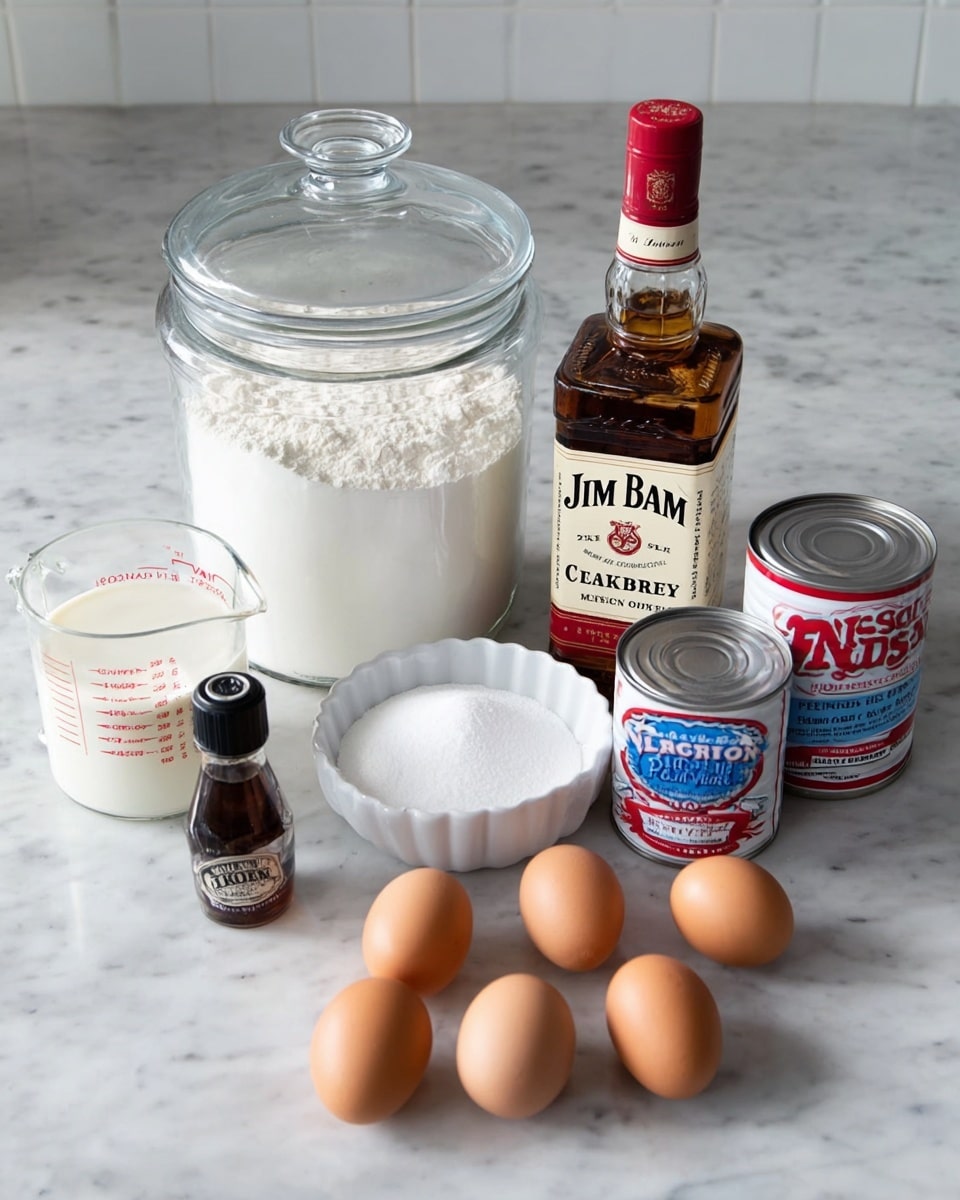 The image shows several baking ingredients arranged neatly on a white marbled surface. At the back is a large clear glass jar filled with white flour, topped with a glass lid. To the right of the jar is a bottle of Jim Beam bourbon whiskey, tall with a white label and red seal. Next to it are two cans: a white can of Nestle Carnation evaporated milk with red prints, and a red, white, and blue can of Eagle Brand sweetened condensed milk. In front of these items, there are seven light brown eggs spread out on the surface. Near the eggs, there is a small round white marble bowl filled with white sugar. To the left of this bowl is a small dark brown bottle of Madagascar bourbon pure vanilla extract with a black cap. Finally, on the far left, a clear Pyrex measuring cup holds about half a cup of milk, showing blue measurement marks. photo taken with an iphone --ar 4:5 --v 7