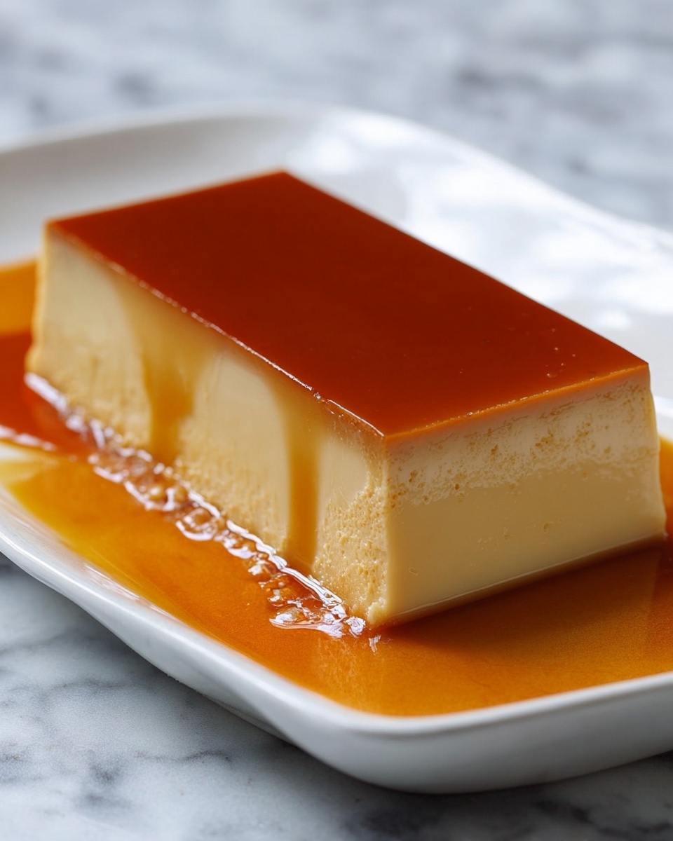 A rectangular two-layer flan sits centered on a white plate with curved edges; the bottom layer is a thick, smooth, pale cream color with a soft texture, while the top layer is a thin, glossy caramel brown that gently spills over the sides and onto the plate, pooling around the base. The plate rests on a white marbled surface, creating a clean, bright setting for the dessert, photo taken with an iphone --ar 4:5 --v 7