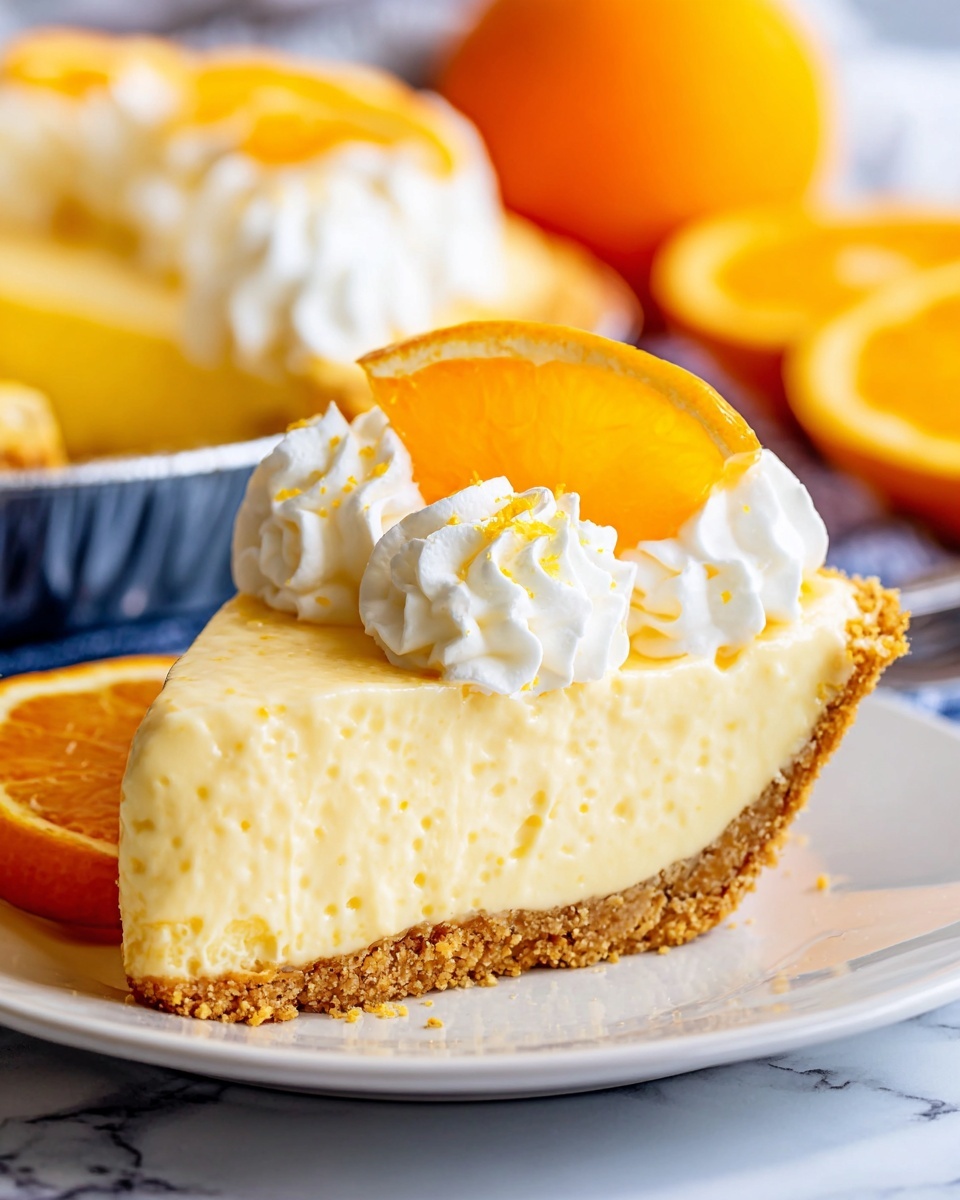 A slice of orange pie sits on a white plate on a white marbled surface. The pie has three layers: a crumbly light brown crust at the bottom, a thick creamy pale yellow filling with a slightly rough texture, and a dollop of bright white whipped cream piped around the top edge. A small, thin wedge of orange with a bright orange and yellow color rests on top of the whipped cream. In the background, there is a larger pie in a silver pan and orange halves. Photo taken with an iphone --ar 4:5 --v 7