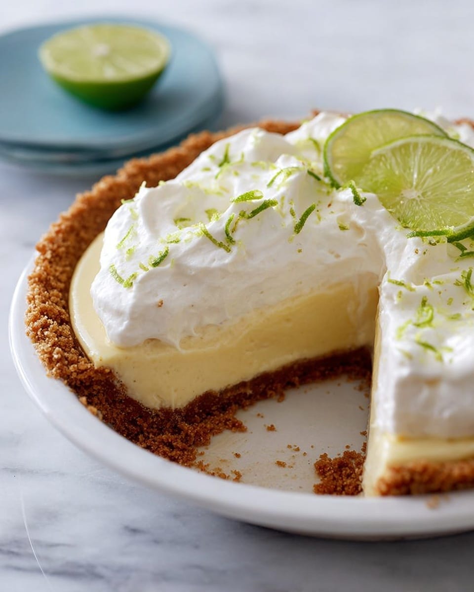 The image shows a pie with three main layers: a thick brown crumb crust at the bottom and sides, a smooth light yellow creamy filling in the middle, and a fluffy white whipped topping on top. The pie is decorated with thin green lime slices and some small lime zest pieces scattered on the whipped layer. One slice is missing, revealing the inside layers clearly. The pie sits on a white plate with a white marbled surface underneath. Photo taken with an iphone --ar 4:5 --v 7