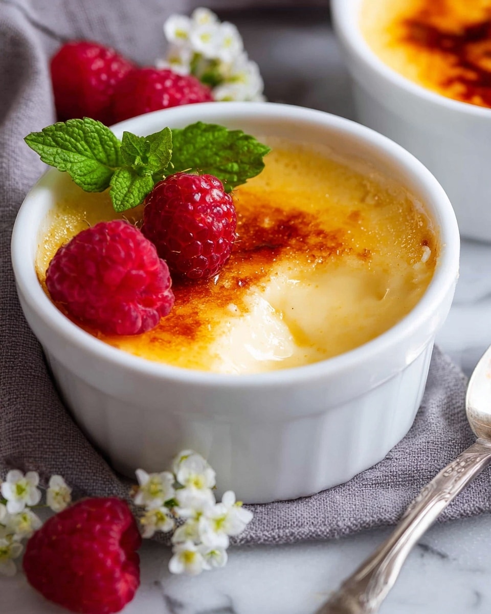 A white ramekin holds a creamy yellow dessert with a caramelized golden-brown top layer, partially scooped to reveal the smooth custard underneath. A fresh red raspberry and two small green mint leaves rest on one side of the caramelized top. Around the ramekin, there are more red raspberries and small white flowers, all placed on a soft grey cloth. The scene is set on a white marbled surface, with part of a silver spoon visible on the right. photo taken with an iphone --ar 4:5 --v 7