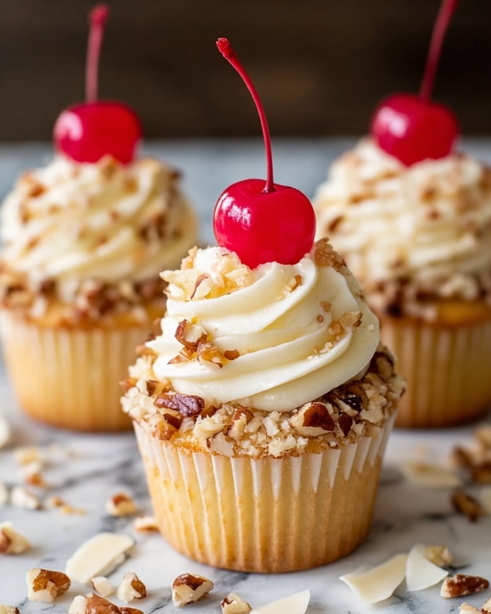 The image shows three cupcakes with light yellow bases, each topped with a swirl of creamy white frosting. Around the base of the frosting, there are small pieces of brown nuts covering the edges. At the top center of each cupcake, there is a bright red cherry with a long thin stem standing upright. The cupcakes are placed on a white marbled surface with scattered nut pieces and white flakes around them. The background is softly blurred, keeping the focus on the cupcakes. photo taken with an iphone --ar 4:5 --v 7