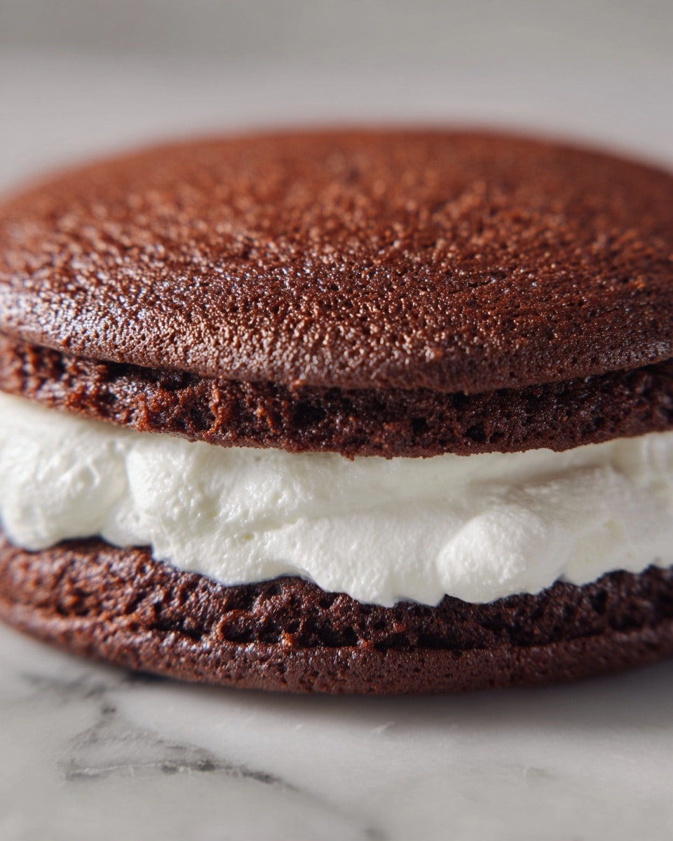 The image shows a close-up of a two-layer chocolate cake. The top and bottom layers are deep brown with a slightly rough and soft texture. Between them is a thick white cream layer, smooth and fluffy, peeking out from the sides. The cake has a simple, homemade appearance and is set against a white marbled surface. photo taken with an iphone --ar 4:5 --v 7