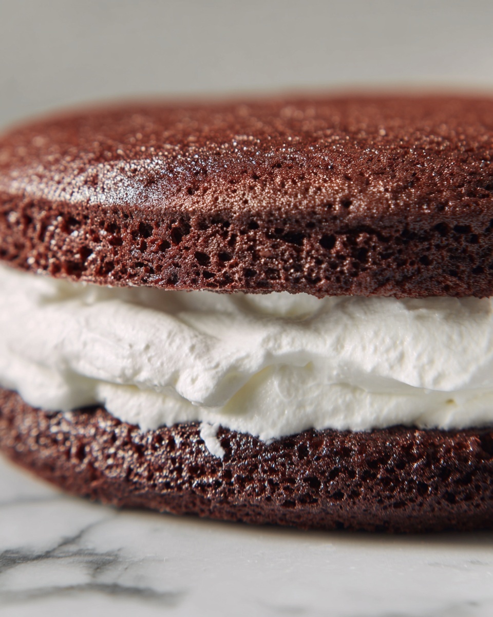 The image shows a close-up view of a two-layer chocolate cake sandwich with a thick middle layer of white whipped cream. The top and bottom layers are dark brown with a slightly rough, porous texture, while the cream in the middle is smooth and fluffy, peeking out with soft peaks along the edges. The background features a white marbled surface that contrasts with the rich color of the cake. Photo taken with an iphone --ar 4:5 --v 7
