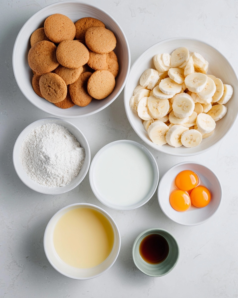 Several white bowls are placed on a white marbled surface. The largest bowl, on the top left, holds many light brown round cookies, with a slightly rough texture. To its right is another large white bowl filled with many sliced banana pieces, pale yellow with soft edges. Below the cookie bowl, a small white bowl contains white flour, showing some cracks on the surface. Next to it, a mid-sized white bowl is filled with white granulated sugar. Below the flour and sugar, a medium white bowl contains white milk with a smooth surface. Next to this is a medium white bowl filled with clear yellow egg whites with a shiny texture. To the right, a small white bowl has three bright orange egg yolks, smooth and shiny. At the bottom right, a very small grayish-green cup holds a small amount of dark brown liquid. The photo is taken with an iphone --ar 4:5 --v 7