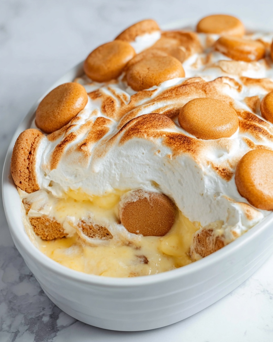 This dish is shown in a white oval ceramic dish with several visible layers. The bottom layer consists of soft, creamy custard with a pale yellow color, topped by pieces of light brown vanilla wafers partially soaked in the custard. Above this is a thicker layer of the same custard, followed by more vanilla wafers around the edges standing upright, showing their smooth, round, golden-orange surfaces. The top layer is a fluffy white meringue with lightly browned spots, giving it a toasted effect. The edges show the creamy filling mixing slightly with the base. The dish rests on a white marbled surface. photo taken with an iphone --ar 4:5 --v 7