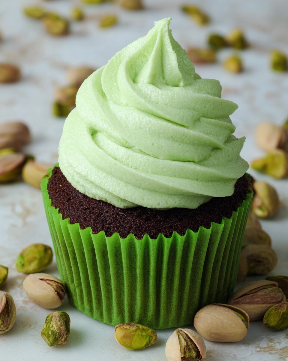 This image shows a cupcake with two main layers. The bottom layer is a dark brown chocolate cake in a green cupcake liner, which has vertical ridges. On top sits a thick swirl of light green frosting with soft, smooth texture and visible piped ridges, arranged in a spiral that peaks at the top. Around the cupcake are scattered whole pistachio nuts with greenish-beige shells. The cupcake and nuts rest on a white marbled surface. Photo taken with an iphone --ar 4:5 --v 7