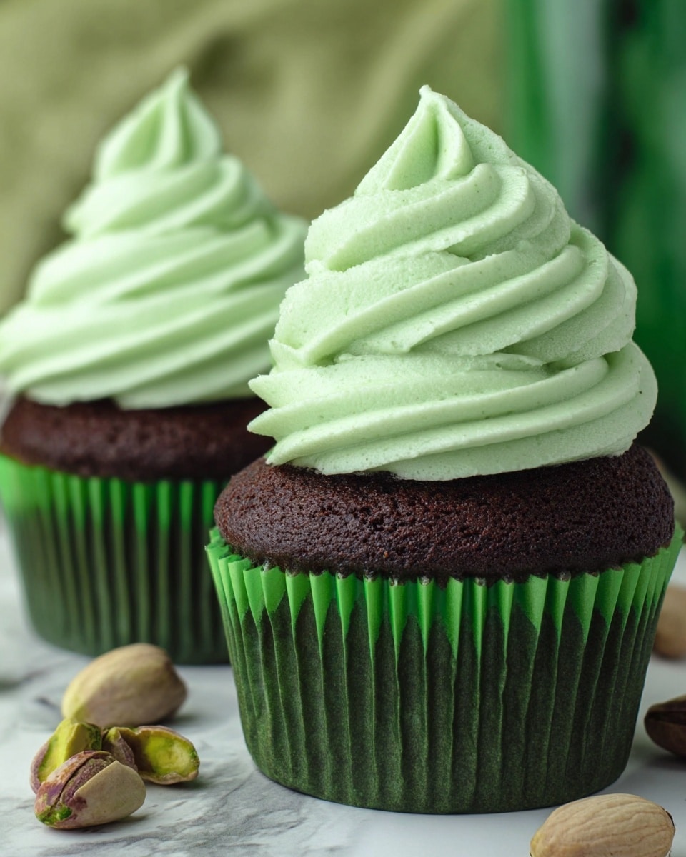 The image shows two chocolate cupcakes with three main layers. The bottom layer is a dark brown chocolate cupcake in a green paper cup liner. The top layer is a large swirl of light green frosting with a soft, smooth texture that looks fluffy and creamy. The cupcakes are placed on a white marbled surface with pistachio nuts scattered around, adding a natural and rustic touch. The background is green and blurred, making the cupcakes stand out clearly. photo taken with an iphone --ar 4:5 --v 7