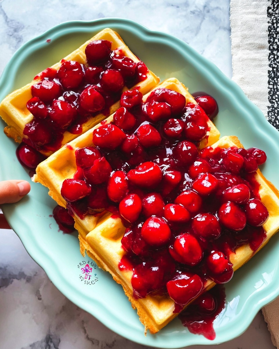 The image shows a white plate with four golden brown waffles arranged side by side, covering most of the plate's surface. On top of the waffles, there is a thick, shiny layer of bright red cherry topping with whole cherries and some visible cherry juice spreading slightly onto the plate. The woman's hand is not visible in this image. The plate is placed on a white marbled surface. photo taken with an iphone --ar 4:5 --v 7