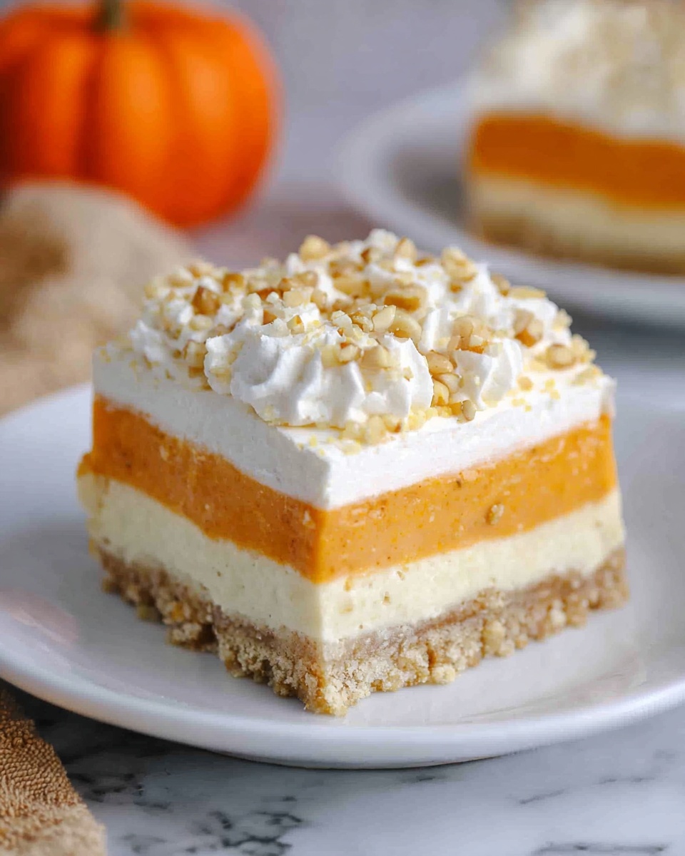 A square slice of a layered dessert sits on a white plate over a white marbled surface. The dessert has four layers: the bottom layer is a light brown crumbly crust, the second layer is a thick white creamy filling, the third layer is a smooth orange filling, and the top layer is white whipped cream sprinkled with small crushed nuts. A small orange pumpkin can be seen blurred in the background. Photo taken with an iphone --ar 4:5 --v 7