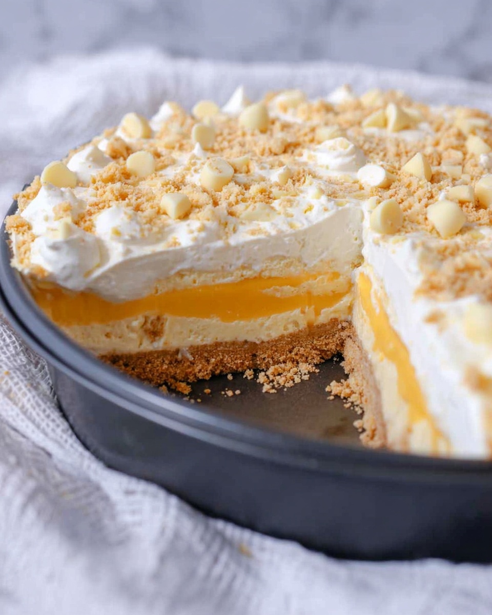 A round layered dessert in a baking pan shows a cut section revealing its inside. The bottom layer is a light brown crumbly crust. Above that, there is a thick bright orange creamy layer. On top of the orange layer, there is a thick white creamy layer. The very top is covered with white cream scattered with small white chocolate pieces and a light brown crumbled topping. The baking pan is dark, placed on a white marbled surface next to a soft white cloth photo taken with an iphone --ar 4:5 --v 7