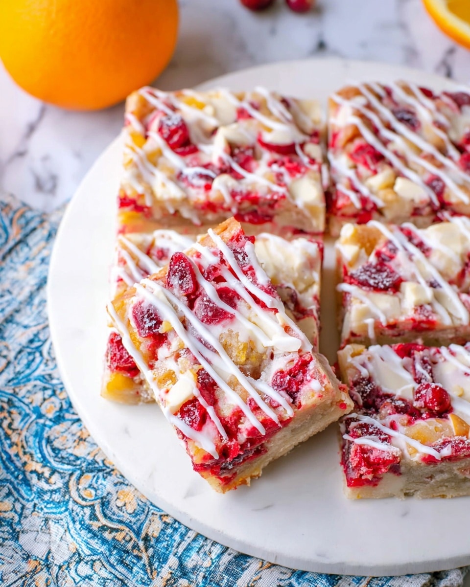 The image shows a white plate with square slices of a dessert that has two main layers. The bottom layer is a light cream color with a soft, crumbly texture. The top layer is filled with bright red cranberries that look juicy and slightly crushed, mixed with small pieces of what appears to be chunks of white nuts or fruit. The dessert is decorated with thin, white icing drizzled diagonally across the top. The plate is placed on a white marbled surface with a blue and white patterned cloth nearby and a bright orange fruit on the side. Photo taken with an iphone --ar 4:5 --v 7