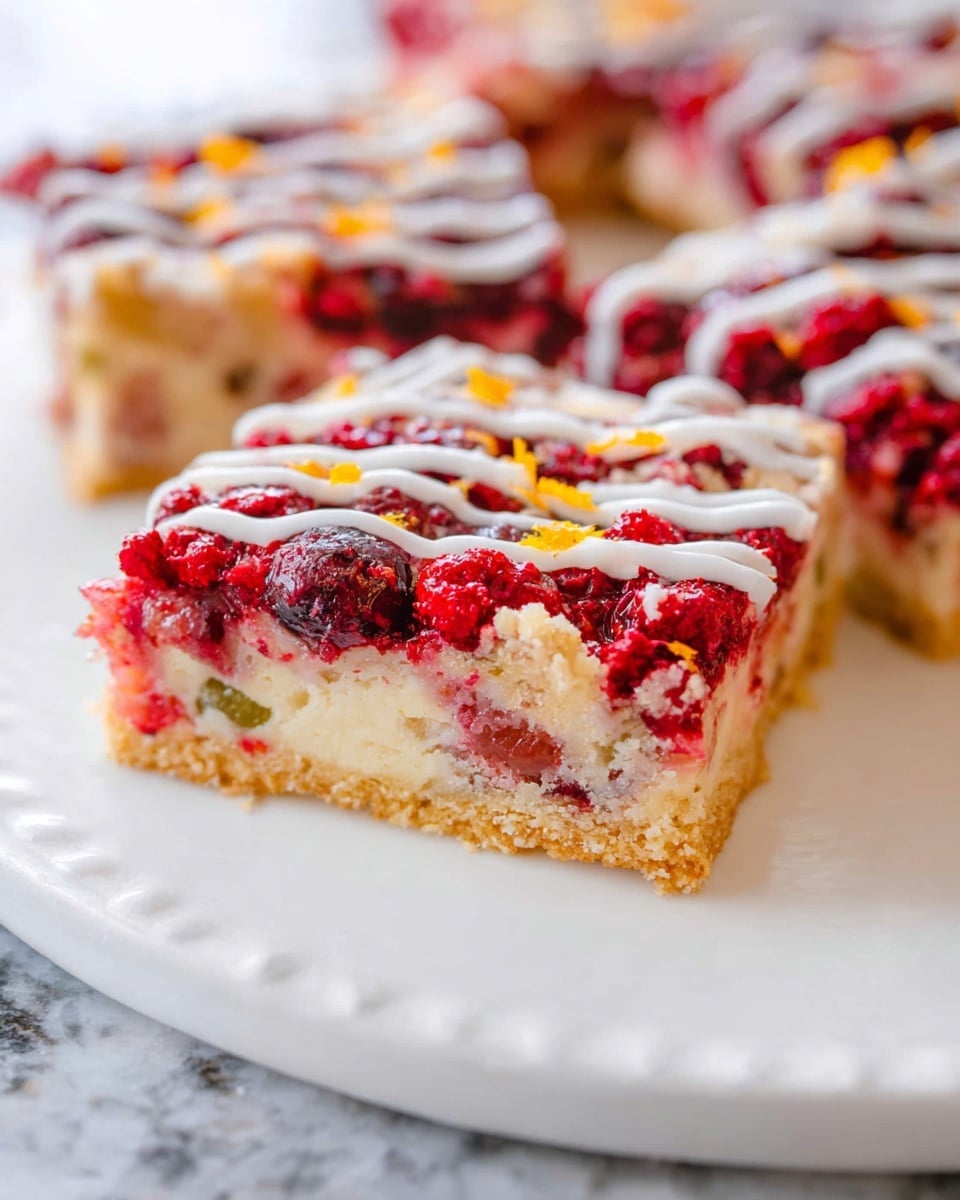 A white scalloped plate holds a square slice of a berry dessert with several more pieces in the background. The dessert has three visible layers: a bottom golden crust that looks crumbly, a middle pale creamy layer with bits of red and green fruit, and a top dense layer of whole and crushed bright red berries. Thin white icing is drizzled in diagonal lines across the top layer. Small orange zest pieces are sprinkled over the berries, adding contrast. The surface under the plate is white marble with soft gray veins. photo taken with an iphone --ar 4:5 --v 7
