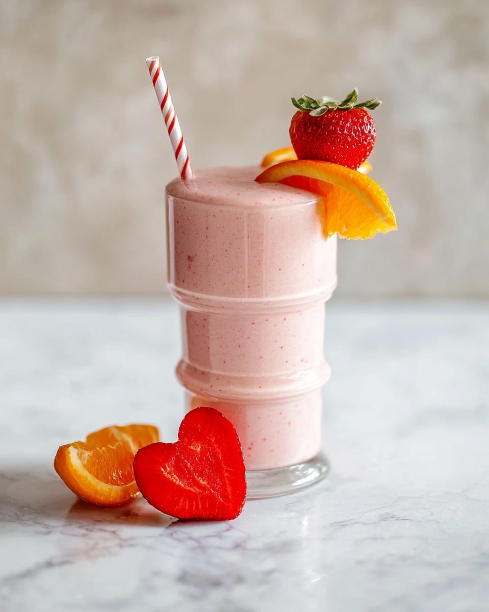 A clear glass with four rounded layers holds a thick pink smoothie with small red specks throughout, topped with a slice of red strawberry and a thin slice of bright orange fruit on the rim. A white and red striped straw stands in the smoothie. On the white marbled surface in front of the glass are two bright orange fruit pieces and a heart-shaped red strawberry slice. Photo taken with an iphone --ar 4:5 --v 7