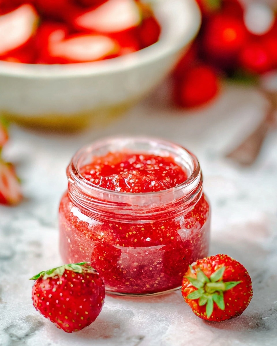 The image shows a small clear glass jar filled with bright red strawberry jam that has a slightly chunky texture with visible bits of strawberry seeds and fruit pieces. The jar sits on a white marbled surface that adds a clean background. Near the jar, there are three fresh whole strawberries in front, bright red with green leafy tops, and a white bowl in the background filled with whole and halved strawberries, adding a splash of deeper red and white to the scene. The overall look is fresh and homemade. photo taken with an iphone --ar 4:5 --v 7