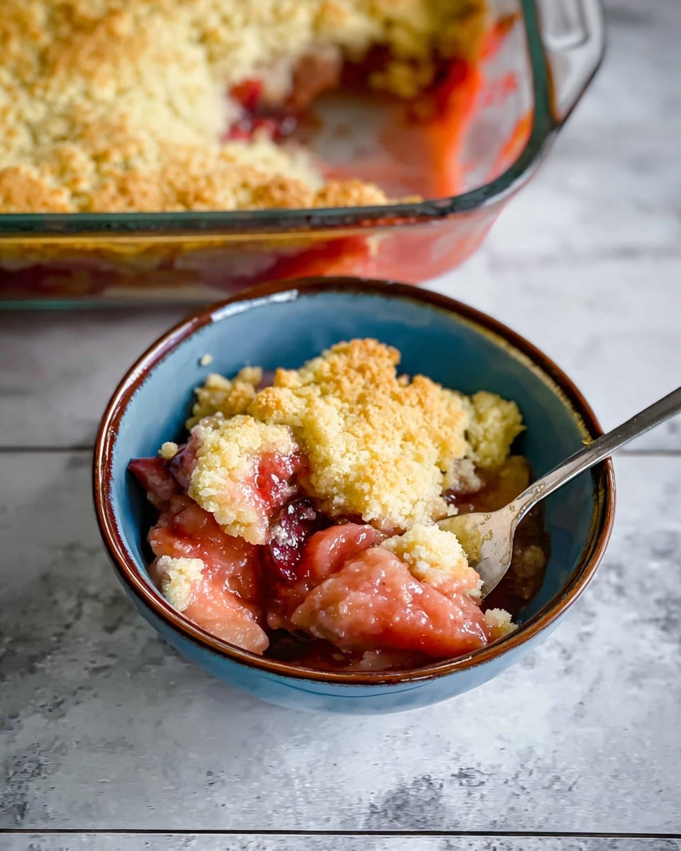 A blue bowl with a brown rim holds a serving of cobbler with two main layers: the top layer is light golden with a crumbly texture, and the bottom layer is pinkish-red with soft fruit pieces and syrup. A silver spoon rests inside the bowl, scooping some cobbler from a larger clear glass baking dish with a similar golden top layer and visible red fruit filling along the edges. The scene is set on a white marbled surface. photo taken with an iphone --ar 4:5 --v 7