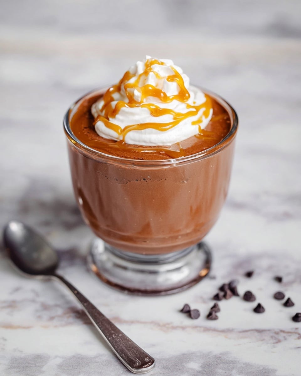 A clear glass cup with one main layer of smooth, thick chocolate mousse filling it up. On top, there is a small white whipped cream dollop with a light brown caramel sauce drizzled in a loose spiral around the whipped cream and slightly over the mousse. The glass is placed on a white marbled surface with small dark chocolate chips scattered nearby. A silver spoon lies in front of the glass, angled slightly to the right. photo taken with an iphone --ar 4:5 --v 7